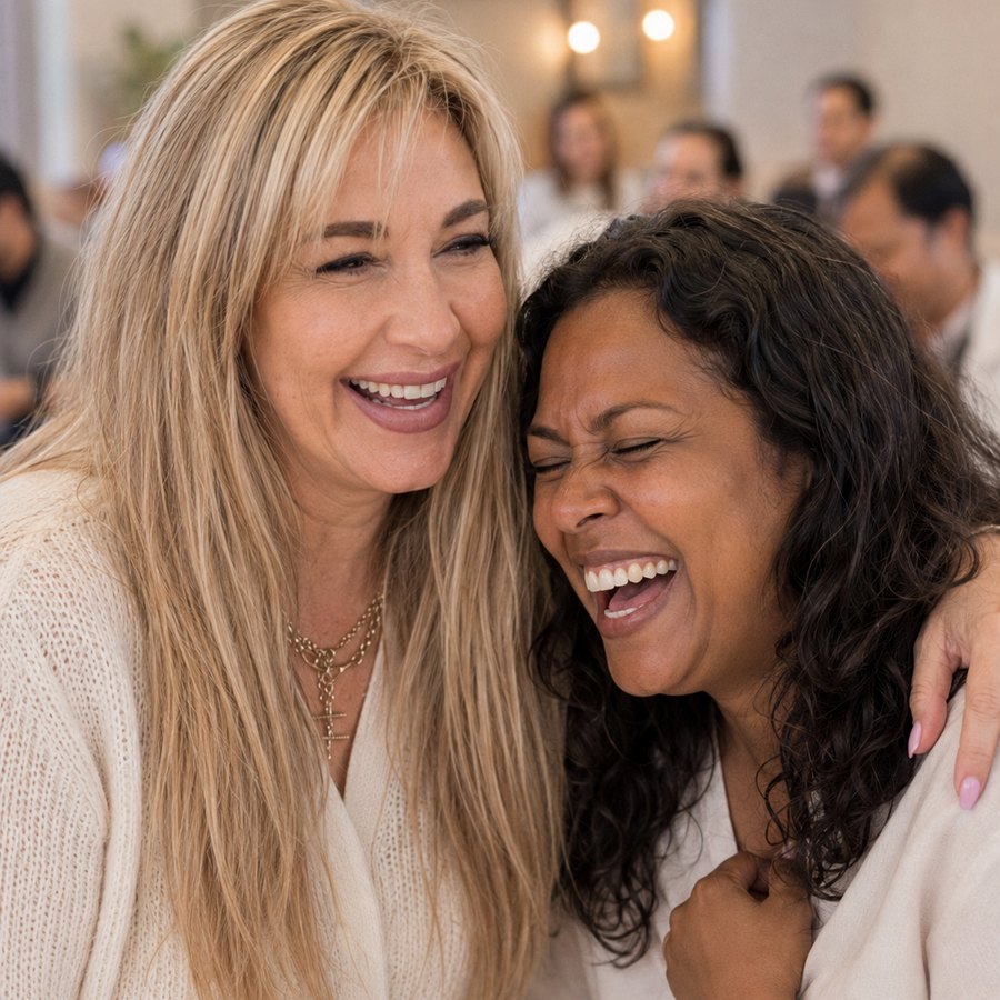 Shareen Richter laughing with a colleague during a corporate session
