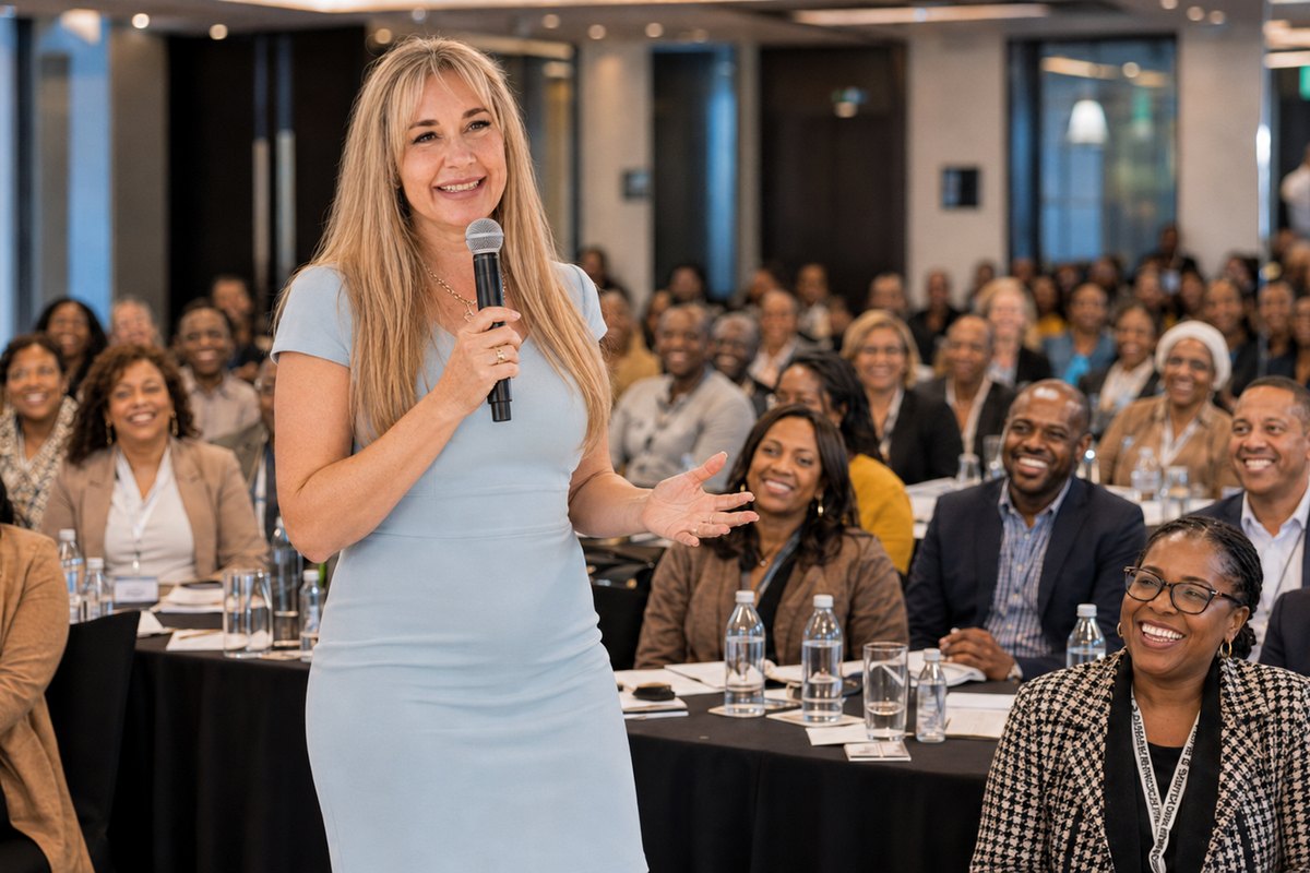 Shareen Richter speaking on stage to a conference audience