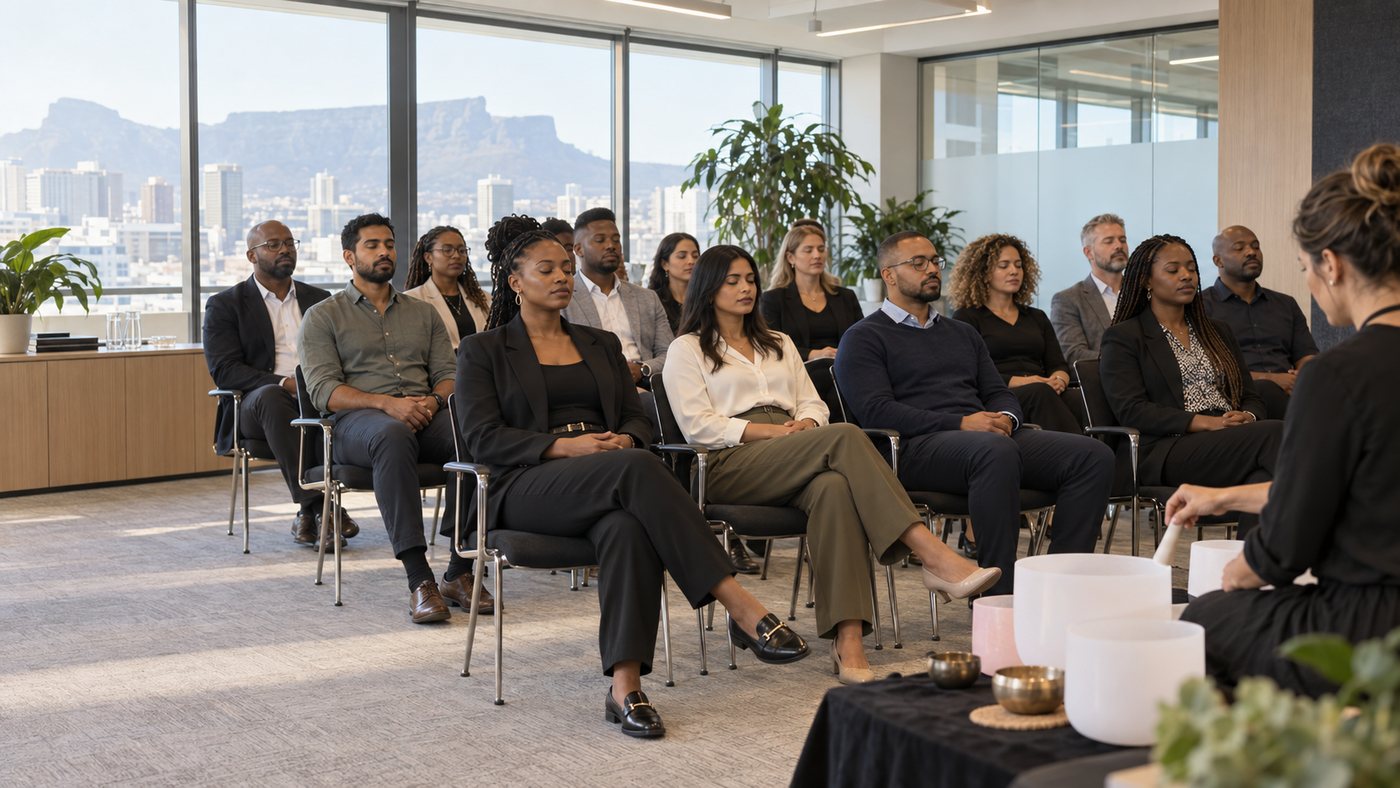 A seated group settling into a guided sound reset