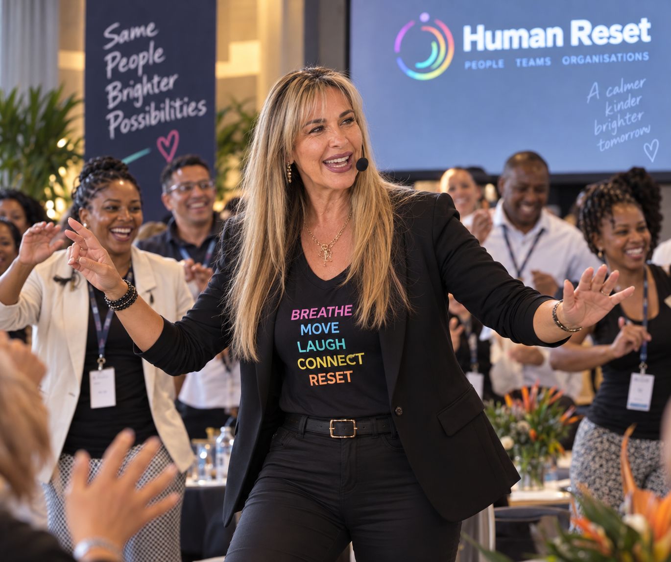 Shareen Richter guiding a standing group through a Human Reset exercise